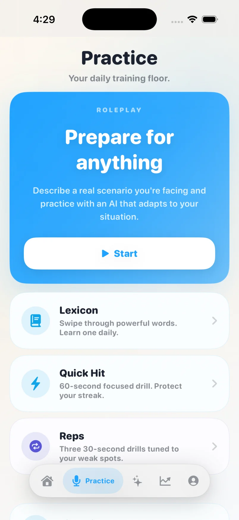 Orately practice screen with roleplay, Lexicon, Quick Hit and Reps